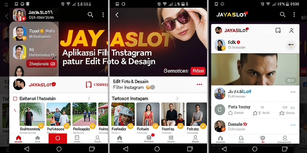 Antarmuka aplikasi JAYASLOT dengan berbagai pilihan filter Instagram.
