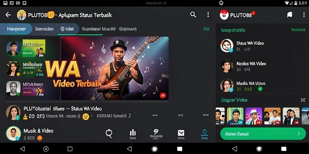 Antarmuka pengguna PLUTO88 menampilkan koleksi video status yang menarik.
